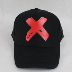 Black Trucker Cap with Bold Red X Design