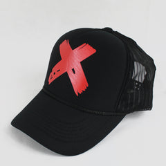 Black Trucker Cap with Bold Red X Design
