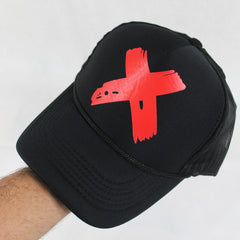 Black Trucker Cap with Bold Red X Design
