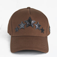 Distressed Brown Baseball Cap with Embroidered Star Emblems