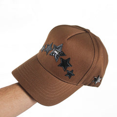 Distressed Brown Baseball Cap with Embroidered Star Emblems