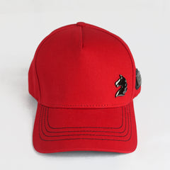 Red Baseball Cap with Black Horse Emblem
