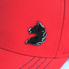 Red Baseball Cap with Black Horse Emblem