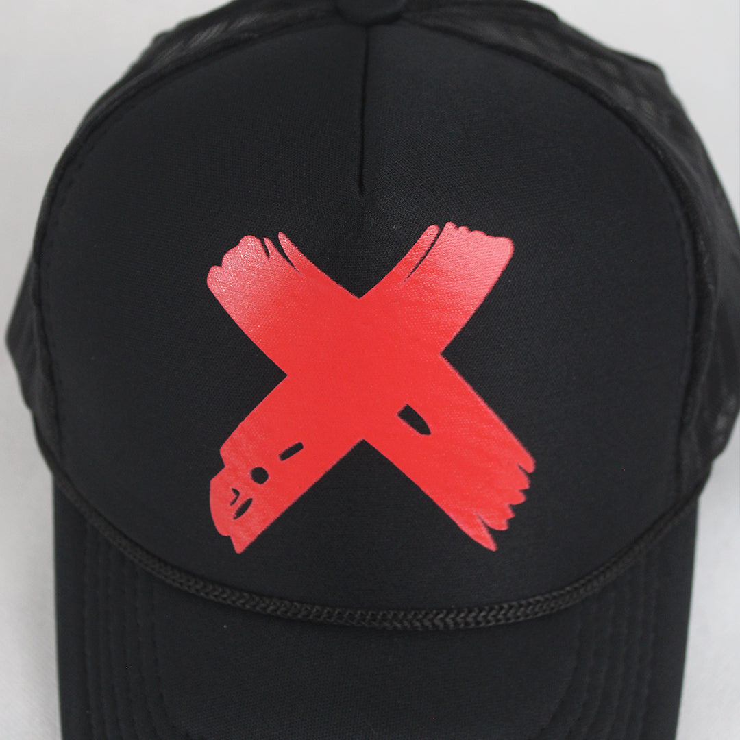 Black Trucker Cap with Bold Red X Design