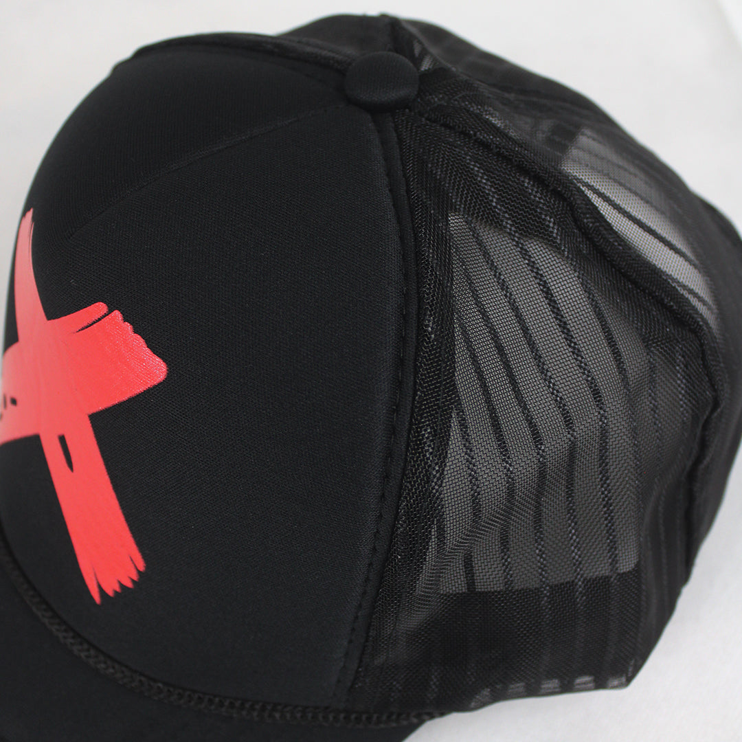 Black Trucker Cap with Bold Red X Design