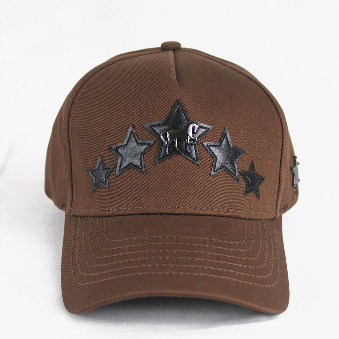 Distressed Brown Baseball Cap with Embroidered Star Emblems