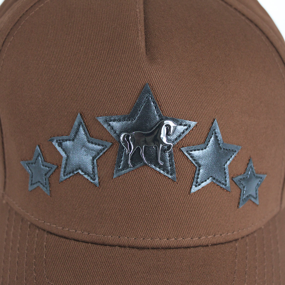 Distressed Brown Baseball Cap with Embroidered Star Emblems
